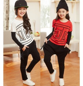 Red white patchwork long sleeves tops and harem pants fashion girls t show school play hip hop jazz dancing costumes outfits 
